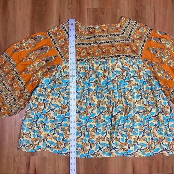R.Vivimos Women Floral Orange and Blue Boho 3/4 Sleeve Blouse - Picture 8 of 8